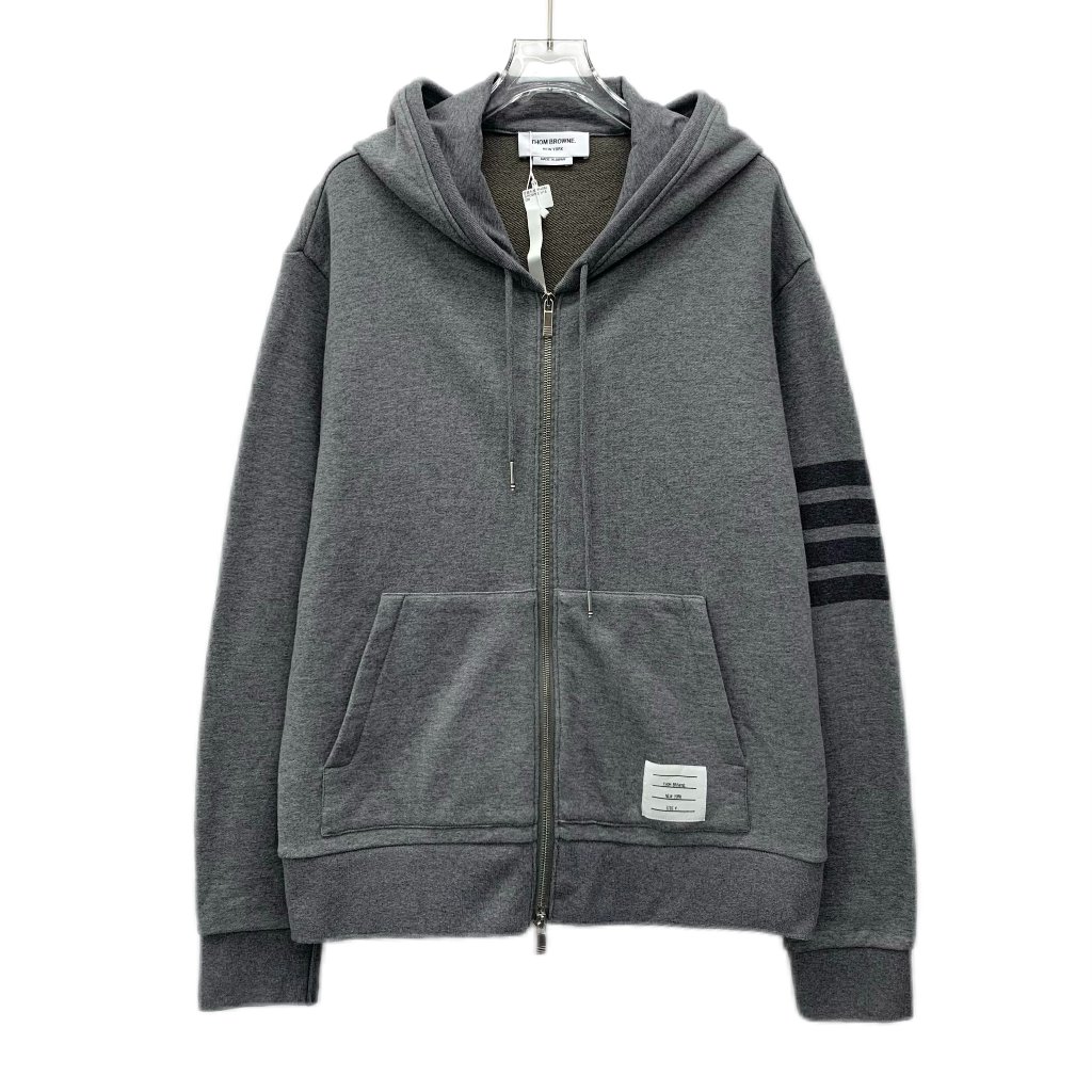 Dm0138 Thom Browne Gray Classic Four-Stripe Cotton Hooded Zip-Up Sweatshirt